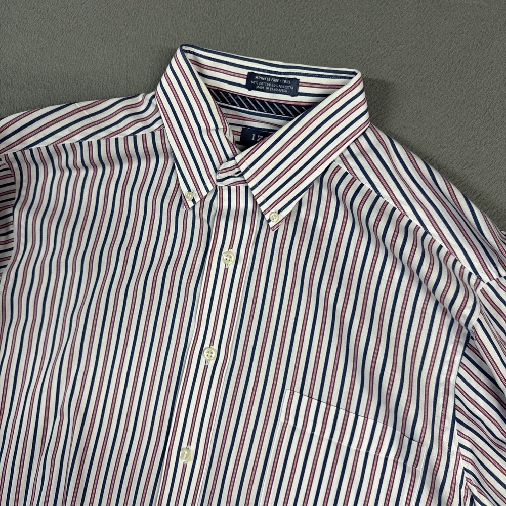 Izod Shirt Mens XL White Blue Red Striped Wrinkle Free Twill Button Long Sleeve